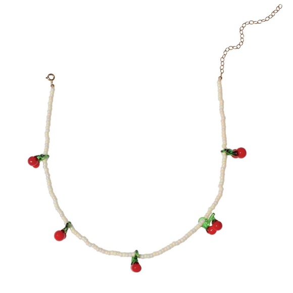 Glass Cherry Fruit Charm Beaded Choker Necklace - Picture 4 of 8